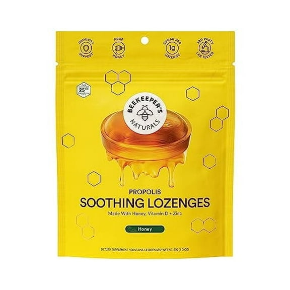 Soothing Honey Cough Drops - Immune Support with Vitamin D, Zinc and Propolis - by Beekeeper's Naturals - Throat Soothing Lozenges, 14 Ct