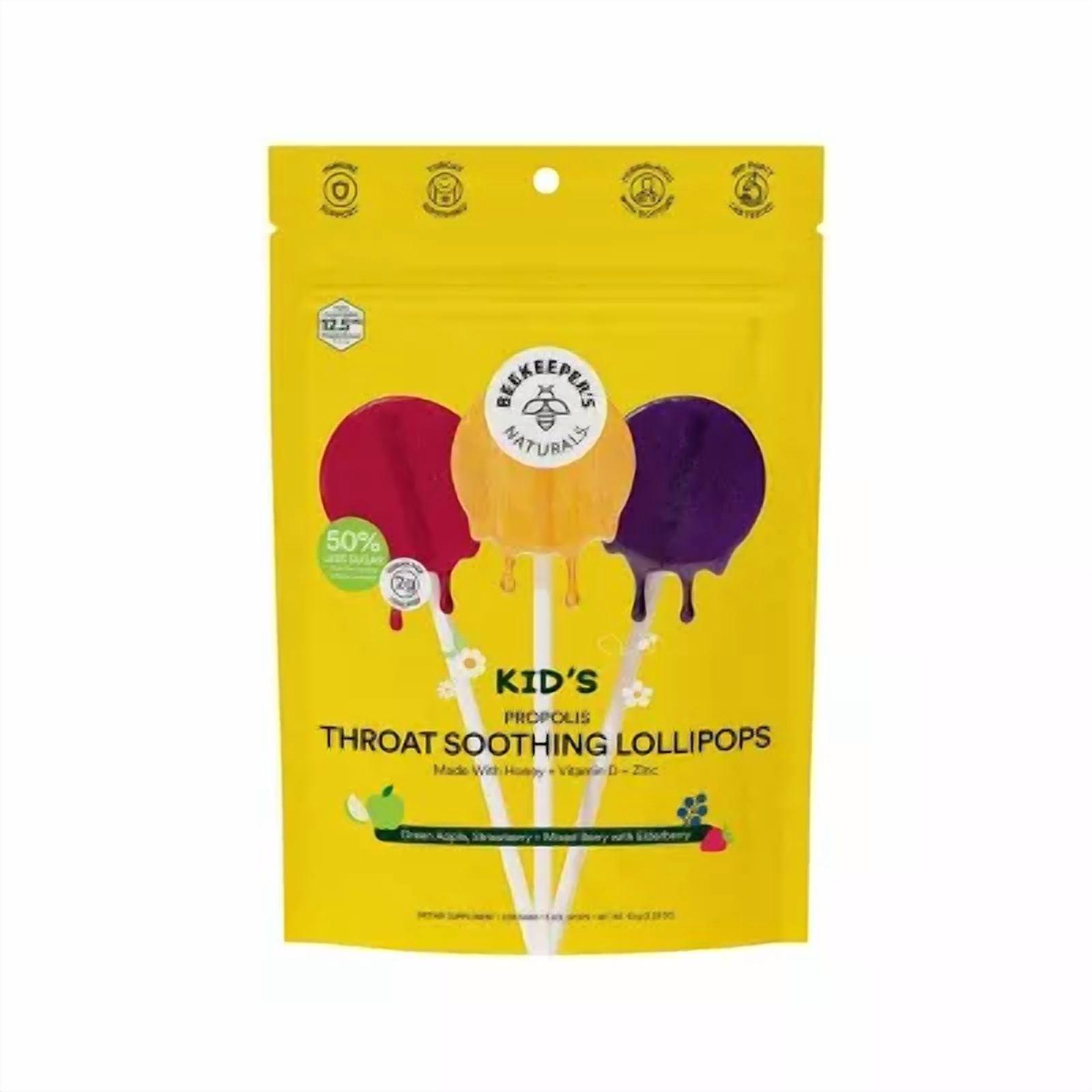 Beekeeper's Naturals Kid's Propolis Green Apple, Strawberry + Mixed Berry with Elderberry Throat Soothing Pops 15 Each