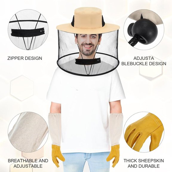 Beekeeping Gloves Hats Set 2 Pack Beekeeping Fencing Veil Mosquito Hats Netting Sun Net Hat with Hidden Net Mesh Mask