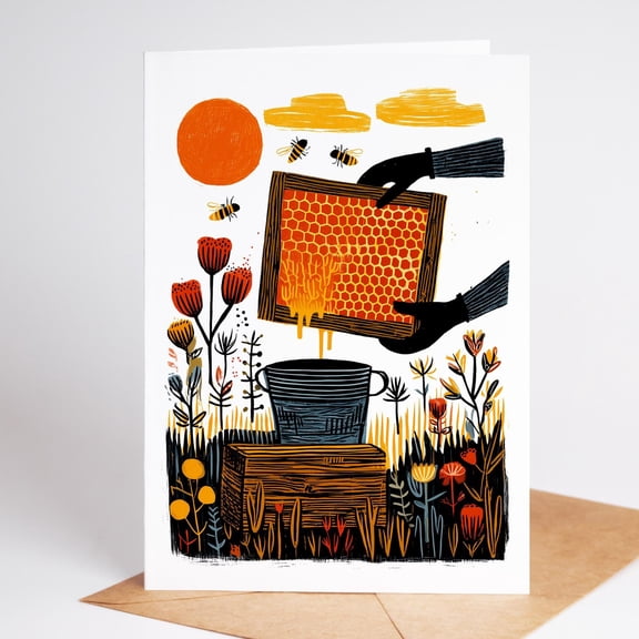 Beekeeping Greeting Card, Honey Harvester Art, Bees and Floral Meadow Design, Nature Stationery for Gardeners and Apiarists, Blank Note Card with Brown Kraft Envelope