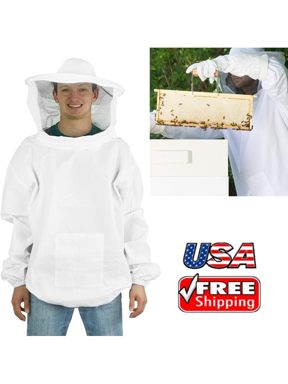 Beekeeping Jacket Premium Beekeeper Pull Over Suit Coat Outfit with Protective Veil Smock Hood for Beginner & Commercial Bee Keepers