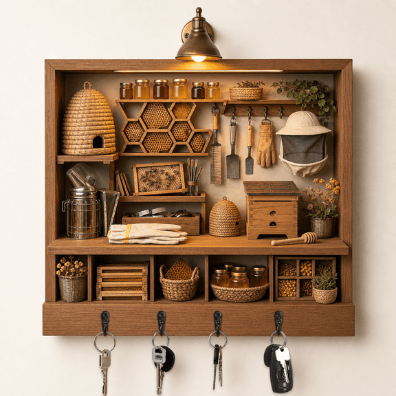 Beekeeping Shed Wooden Key Holder Wall Decor, 4-Hook Key Rack for Entryway 2D flat not 3D