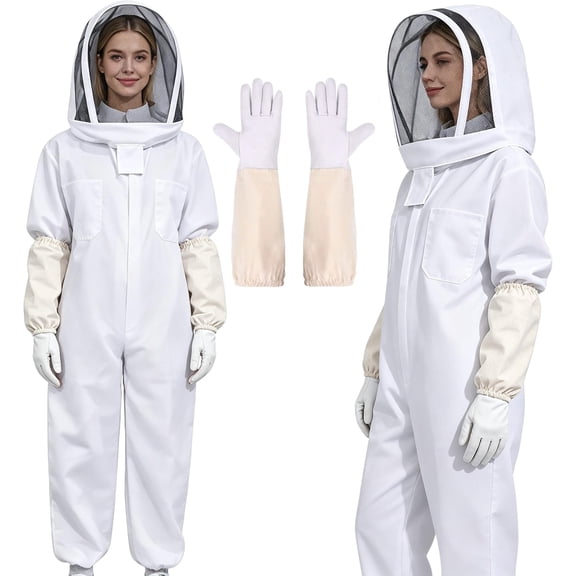Beekeeping Suit for Beginner Professional Beekeepers: Unisex One-Piece Protective Suit with Breathable Hood, Arm Covers, and Gloves