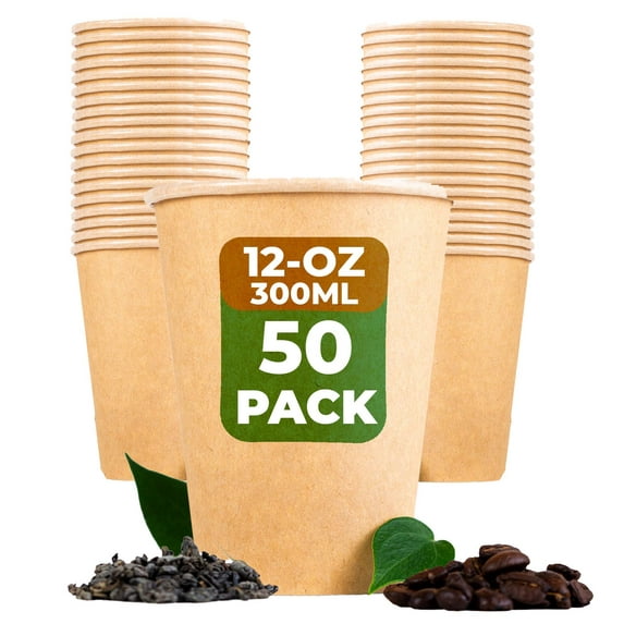 Beeleeve [50-Pack Super Strong 100% Compostable Coffee and Tea Cups - Eco - Biodegradable - Disposable Rigid Containers for Office, Party & Wedding - Brown Kraft Paper, PLA Coating (300ml / 12oz)