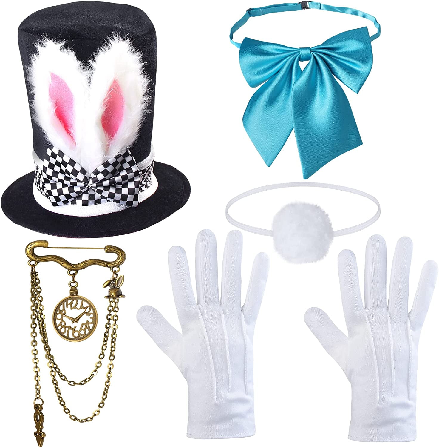 4E's Novelty Mad Hatter Costume Accessory Set for Adult Women Men, White  Rabbit Alice Wonderland Costume Accessories Hat Tea Party Dress Up