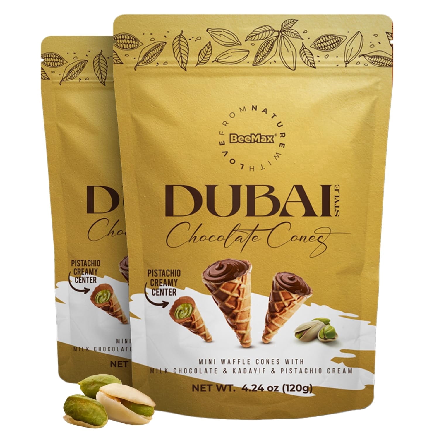 Beemax Dubai Style Mini Chocolate Cones 4.24 oz — Milk Chocolate, Kadayif & Pistachio Cream