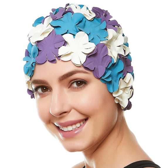 Beemo Floral Petal Swim Cap for Women – Retro Style Vintage Bathing Cap Swimming Hat for Long and Short Hair