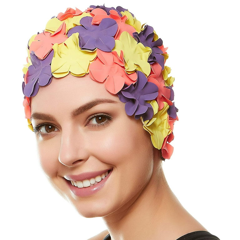 Beemo Floral Petal Swim Cap for Women Retro Style Vintage Bathing Cap Swimming Hat for Long and Short Hair Size One Size