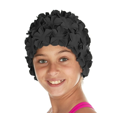 Beemo Kids girls Swim Caps Age 7-14 Floral Petal Latex - Black