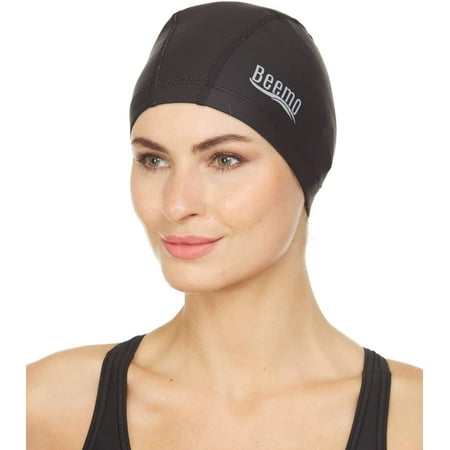Beemo Latex Lycra Swim Cap for Long or Short Hair - Stretchable Head Cap - Black