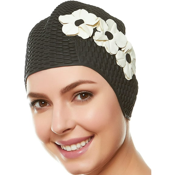 Beemo Retro Floral Soft Latex Bubble Crepe Bathing Swim Cap (Women's)