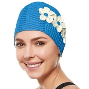 Beemo Swim Bathing Caps for Women & Girls - Retro Style Latex Bubble Crepe Swimming Hat with Tripple Flowers for Long/Short Hair