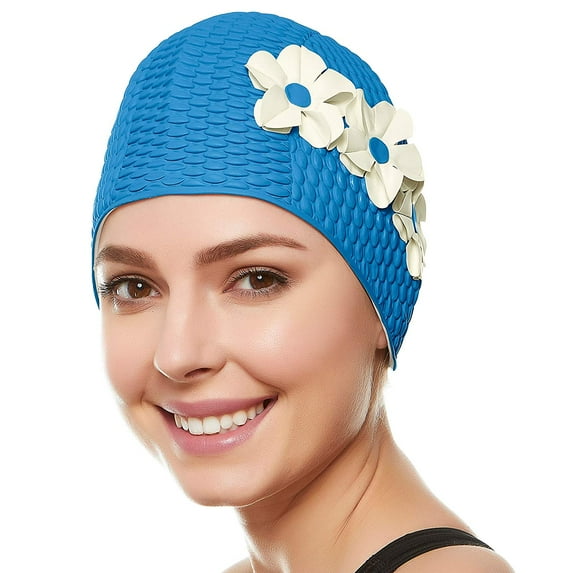 Beemo Swim Bathing Caps for Women & Girls - Retro Style Latex Bubble Crepe Swimming Hat with Tripple Flowers for Long/Short Hair