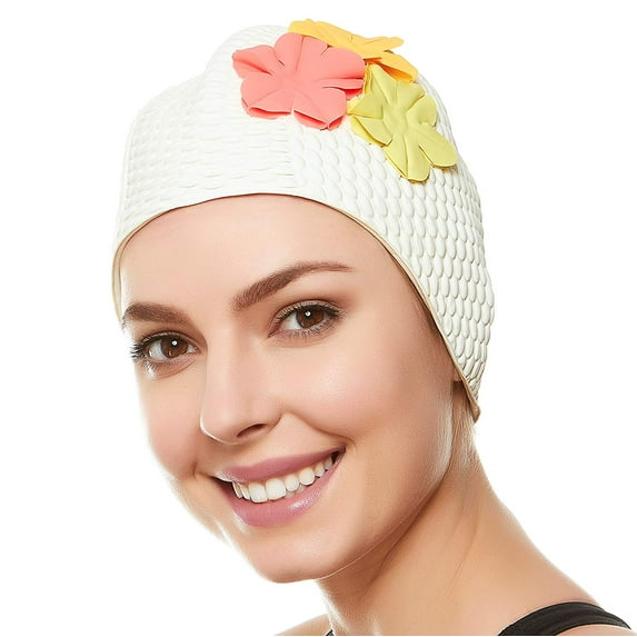 Beemo Swim Bathing Caps for Women & Girls - Retro Style Latex Bubble Crepe Swimming Hat with Tripple Flowers for Long/Short Hair