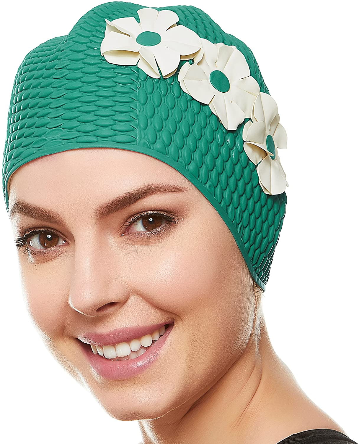 Beemo Swim Bathing Caps for Women Latex Swim Hat Green with White