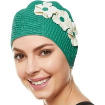 Beemo Swim Bathing Caps for Women Latex Swim Hat - Green with White Flowers