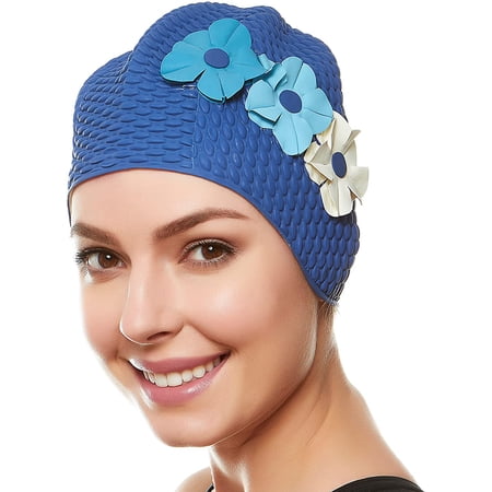 Beemo Swim Bathing Caps for Women Latex Swim Hat - Navy with Light Blue Flowers (One Size)