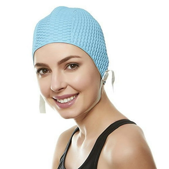 Beemo Swim Bathing Caps for Women or Girls Retro Style Latex Bubble Crepe Swimming Hat with Chin Strap for Long or Short Hair - Light Blue