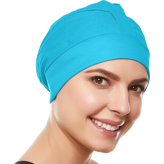Beemo Swim Cap for Women - Polyester Latex Lined Bathing Cap Turban with Adjustable -Turquise Blue
