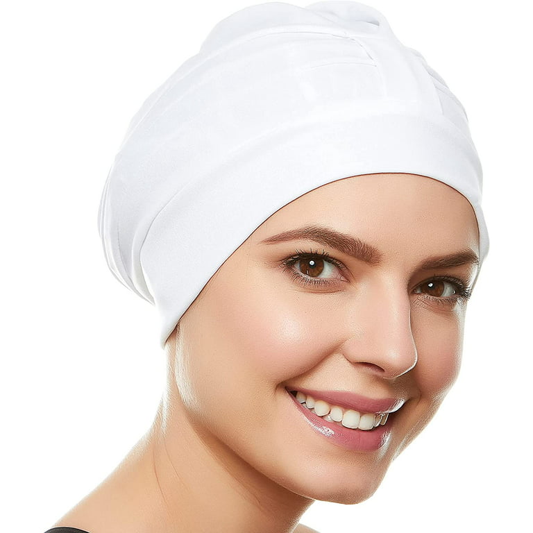 Beemo Swim Cap for Women - Polyester Latex Lined Swim Bathing Cap Turban  with Adjustable Velcro-White
