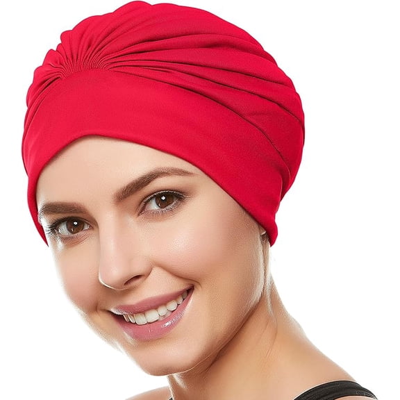 Beemo Swim Caps for Women Swimming Turban Polyester Latex Lined Pleated for Ladies - Red