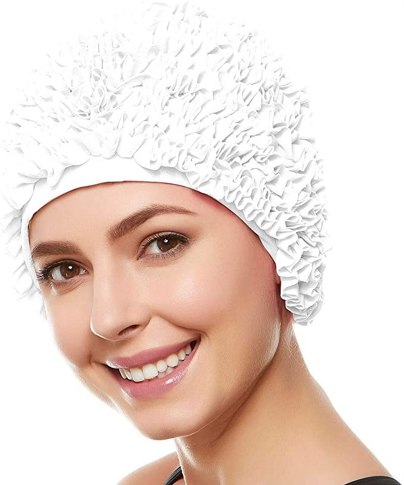 Beemo Women’s Swim Bathing Cap Turban–Polyester Latex Lined Ruffled Shower Cap, White