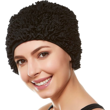 Beemo Women’s Swim Bathing Cap Turban Polyester Ruffled Shower Cap - Black