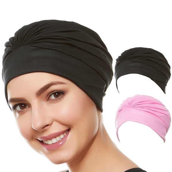 Beemo Women's Swim Bathing Cap Turban Polyester for Women - 2pk BLK/LP