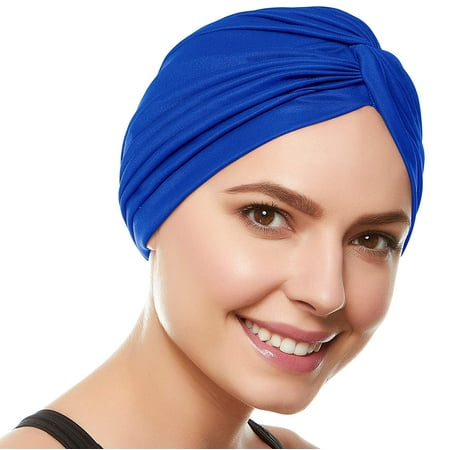 Beemo Womens Swim Cap Bathing Turban-Polyester Twisted Pleated Turban Head Cover Royal