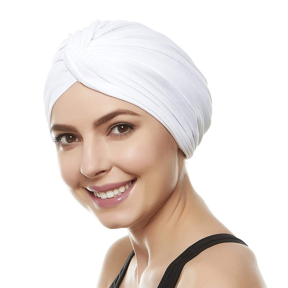 Beemo Womens Swim Cap Bathing Turban-Polyester Twisted Pleated Turban Head Cover White