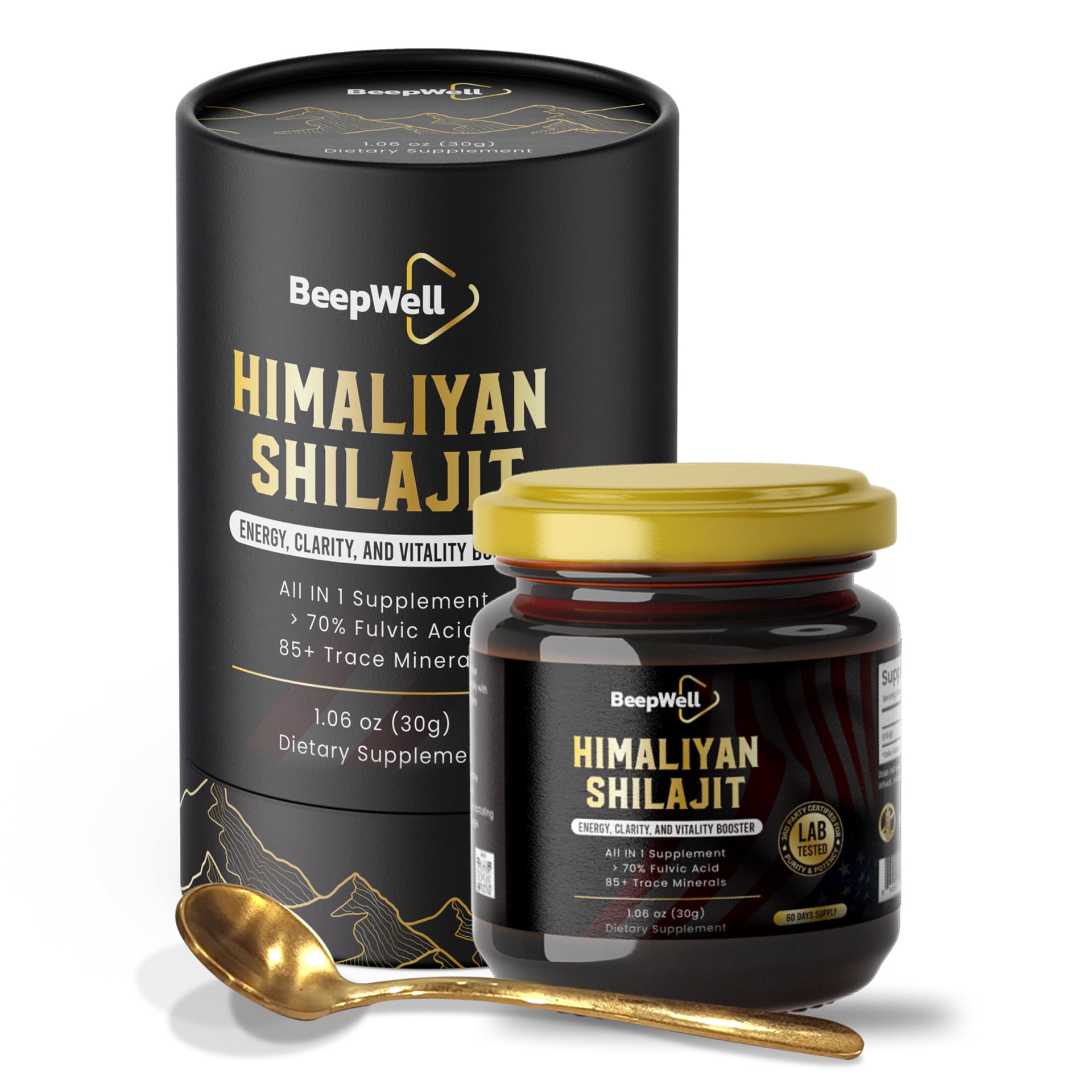 BeepWell Pure Himalayan Shilajit Organic Shilajit Resin for Men & Women 70% Fulvic Acid 60 Servings - 1.06 Oz