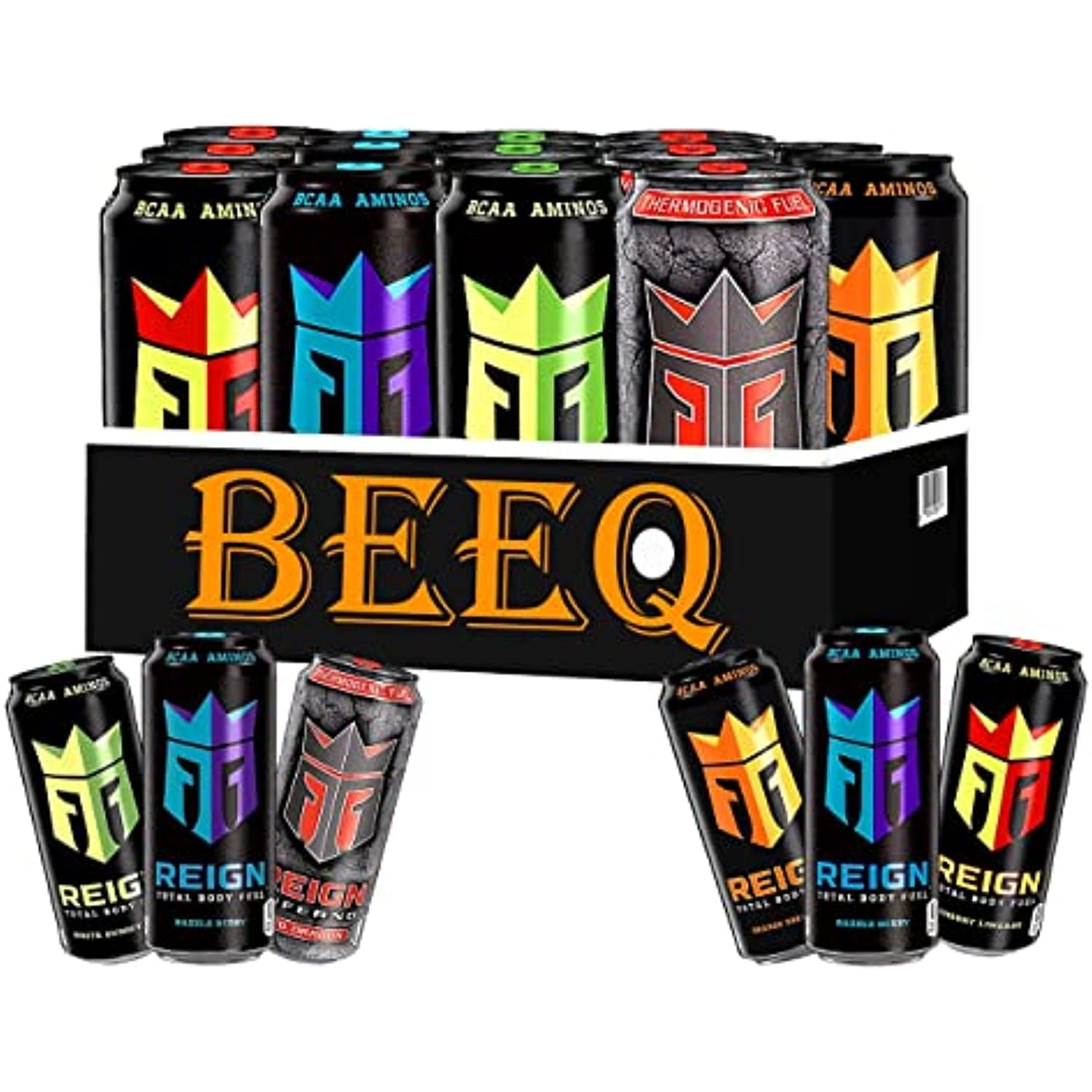 Beeq Box Reign Energy Drinks Variety Pack Zero Sugar, 300mg Caffeine, CoQ10 & BCAAs. Pack of