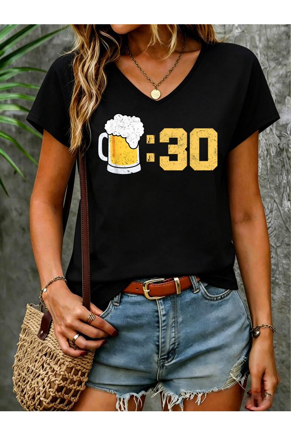 Beer 30 Distressed Cool Retro Funny Meme for Beer Drinkers V Neck T-Shirt Cotton Women's V Neck Graphic Tee, Casual Short Sleeve Shirt,Vacation Outfit