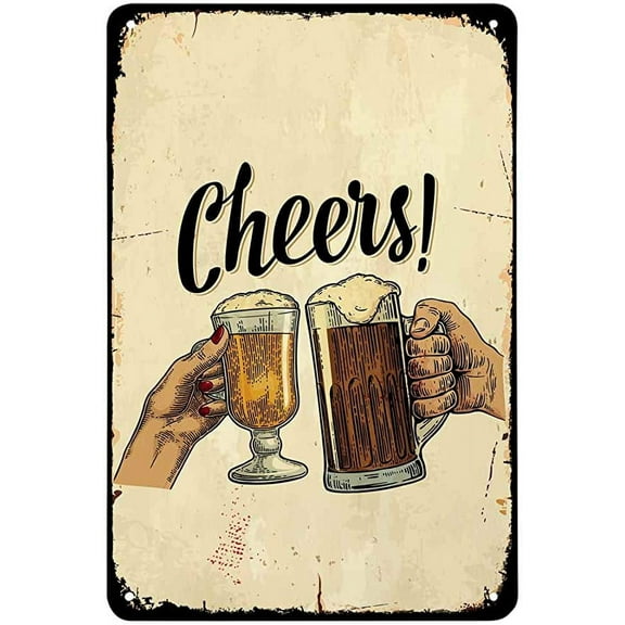 Beer 8 x 12 Metal Tin Sign,Cheers Hand Bar Glass Celebration Cup Full Liquid Drinks Vintage Metal Tin Signs for Cafes Bars Pubs Shop Wall Decorative Funny Retro Signs for Men Women