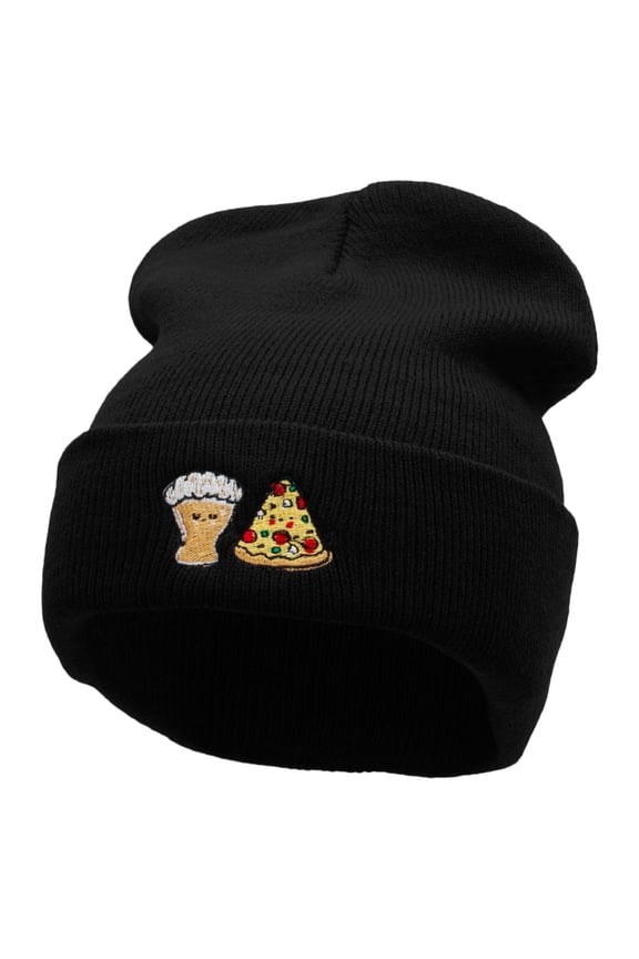 Beer And Pizza Embroidered 12 Inch Long Knitted Beanie - Black OSFM