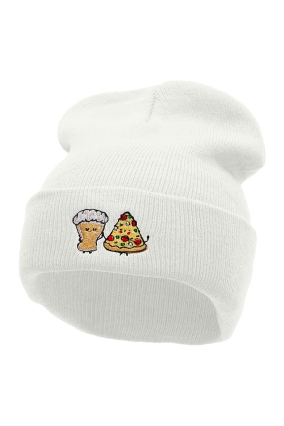 Beer And Pizza Embroidered 12 Inch Long Knitted Beanie - White OSFM