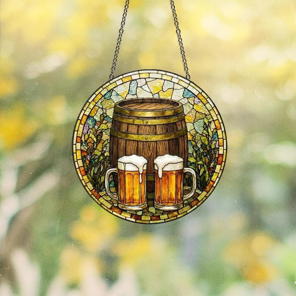 Beer Barrel Glass Suncatcher, Beverage Window Hanging, Father's Day for Him, 6.3 in