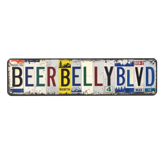 Beer Belly Blvd Metal Sign - Rustic Wall Decor for Man Cave, Home Bar, or Garage - Vintage Iron Plaque with Weather Resistant Finish - Easy to Hang 4x16 Inch