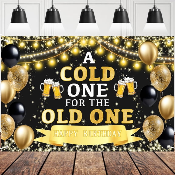 Beer Birthday Backdrop Banner A Cold One for The Old One Black Gold Glitter Theme Background Decor for Men Women Birthday Party Beer Cheers Party Decorations Supplies 72x43in