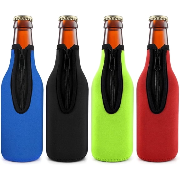 Beer Bottle Insulator Sleeve Different Color. Zip-up Bottle Jackets. Keeps Beer Cold and Hands Warm. Classic Extra Thick Neoprene with Stitched Fabric Edges, Enclosed Bottom (set of 4 color)
