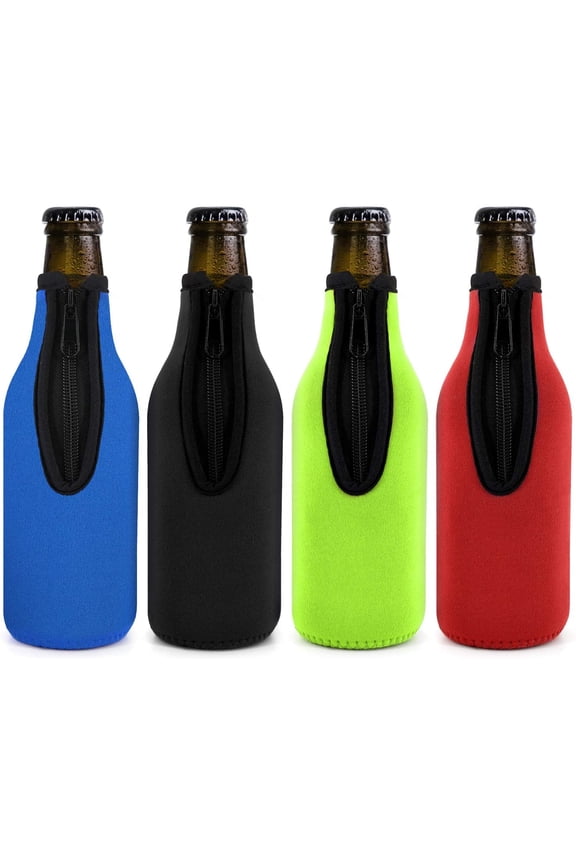 Beer Bottle Insulator Sleeve Pack of 4. Different Color. Zip-up Bottle Jackets. Keeps Beer Cold and Hands Warm. Classic Extra Thick Neoprene with Stitched Fabric Edges, Enclosed Bottom, Perfect Fit