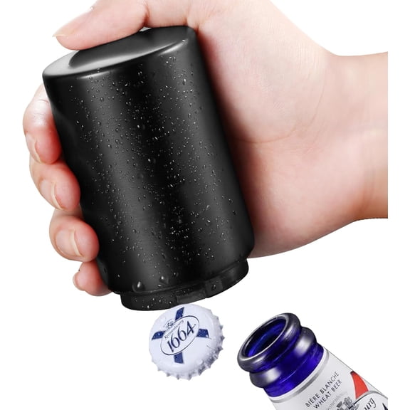 Beer Bottle Opener Destapadores de Cerveza, Automatic Bottle Cap Opener, Down-Pop Off Beer Bottle Openers for Seniors with Magnetic Cap Catcher, Cool Bartender Tools, Men Beer GiftBlack