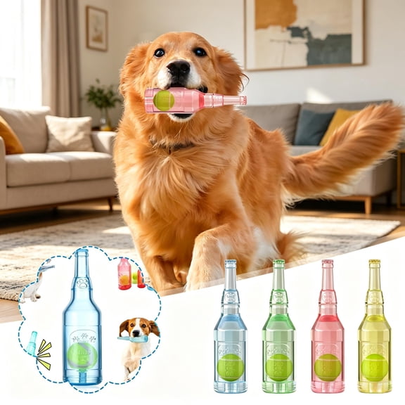 Beer Bottle Shaped Dog Chew Toy with Built-in Squeaky Tennis Ball, Floating Rubber Interactive Fetch Toy, Teething Grinding Play Toy for Small Medium Large Dogs Summer Pool Water Play Relieve Boredom