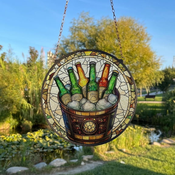 Beer Bottles Glass Suncatcher, Alcohol Decor Beer Lovers, 6.3 in