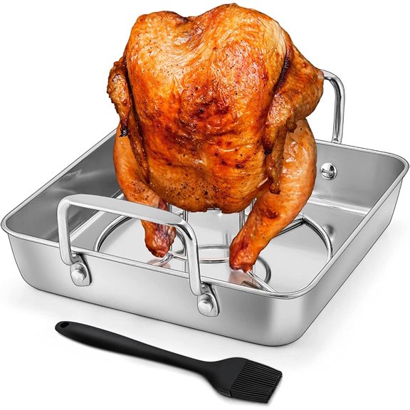 Beer Can Chicken Holder 3Pcs, Includes Stainless Steel Vertical Chicken Roaster Stand Rack, Heavy Duty Roasting Drip Pan & Silicone Oil Brush, Great for Smoker Grill Oven BBQ, Dishwasher Safe