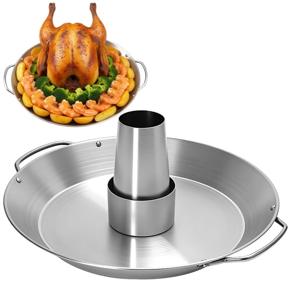 Beer Can Chicken Holder BBQ Roaster Cooker Stand, Vertical Grilling Accessories Rack Large Size Round Pan, Stainless Steel Roasting Pan with Handle 13.8 in