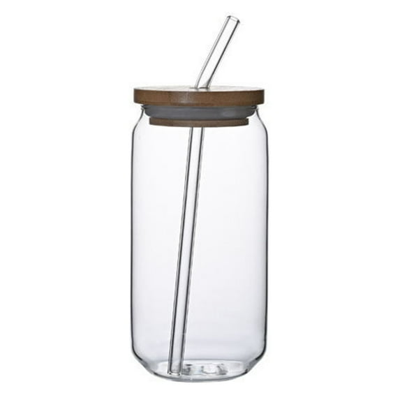 Beer Can Glass with Bamboo Lid and Glass Straw,16oz Drinking Glasses with Lid and Straw,Can Shaped Glass Cup,Iced Coffee Cup, Beer Glass,Ideal for Water,Soda,Tea,Gift