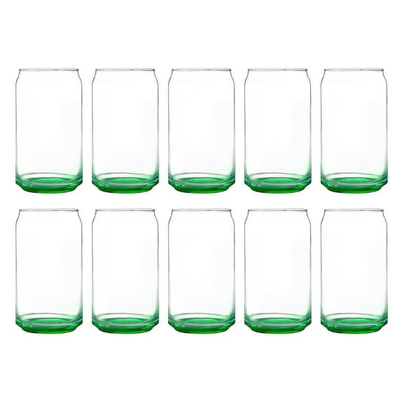 Beer Can Glasses Set of 10, 16 oz. Pint Sized, Soda Can Shape, Glassware, Green