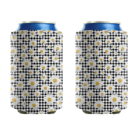 Beer Can Sleeve 2 Pack Cool Neoprene Insulated Bottle Jackets Daisy Flower Plaid Grid Beer Cooler Sleeve for Birthday Party Decoration (3.9In X4.9 In)