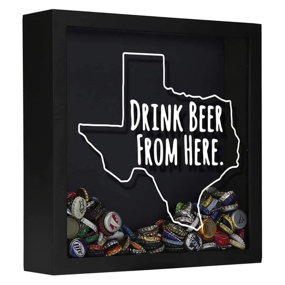 Torched Beer Cap Traps Shadow Box Texas Wall Mount Decor 13"x13"x3.5" Black